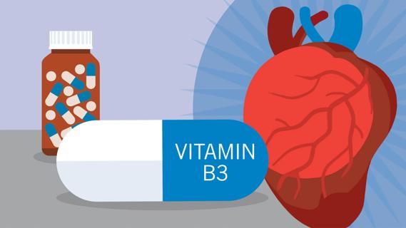Bottle of vitamins and oversized capsule of vitamin B, with oversized heart in background