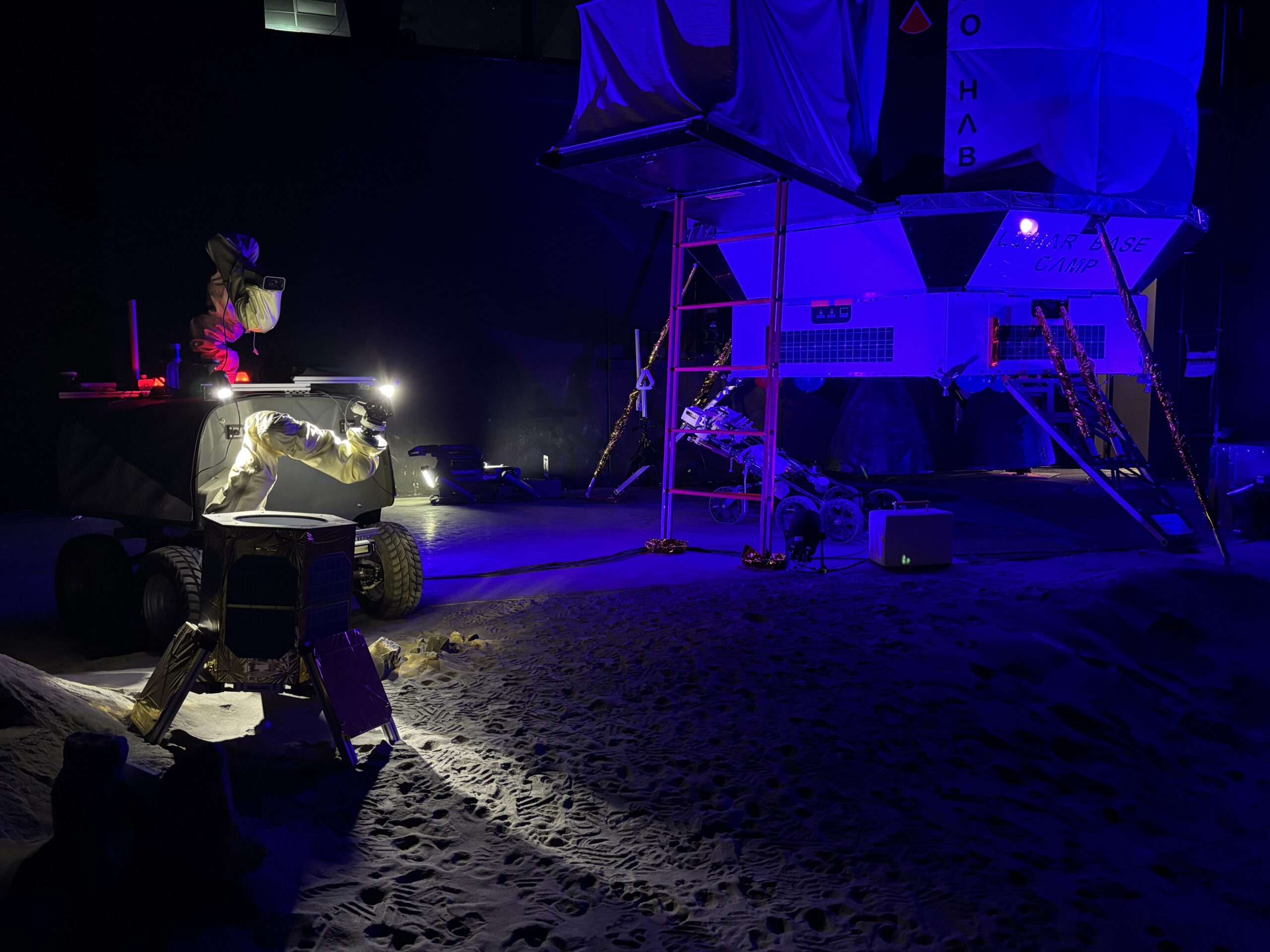 The stage is set for the inauguration: the Argonaut lunar descent element stands next to Interact and Spot. Credit: ESA-Robotics team.