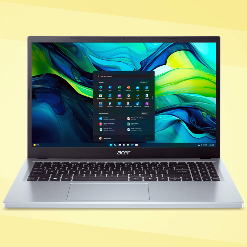 Acer Aspire Go 15 laptop (our best budget pick) on a gold background