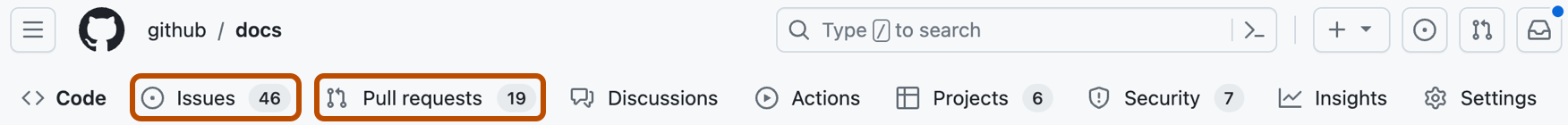 Capture d’écran de la page principale d’un dépôt. Dans la barre de navigation horizontale, les onglets « Problèmes » et « Demandes de tirage » sont mis en évidence en orange.