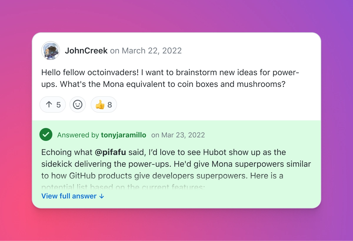 Screenshot of a GitHub Discussion where JohnCreek asks for game power-up ideas, and tonyjaramillo's reply suggesting 'Hubot' as a sidekick is marked as the accepted answer. The background has a pink-to-purple gradient.