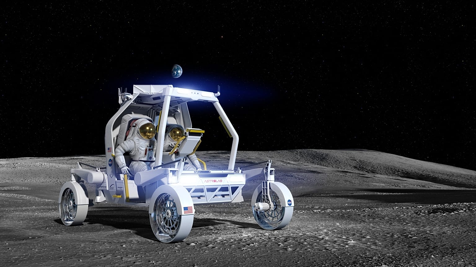 تُظهر هذه الصورة التوضيحية مركبة "CLV-1" الجوالة التابعة لشركة "Astrolab" على سطح القمر.