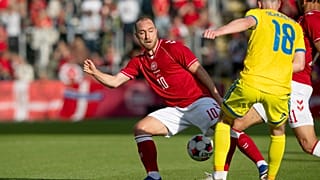 كريستيان إريكسن لاعب منتخب الدنمارك خلال المباراة الدولية في كرة القدم بين الدنمارك وأوكرانيا، في أودنسه بالدنمارك، الأحد 7 حزيران 2026
