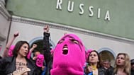Activists from Pussy Riot and FEMEN protest outside the Russian Pavilion at the 2026 Venice Art Biennale on 6 May 2026.