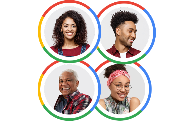 Four profile photos surrounded by Google colors.