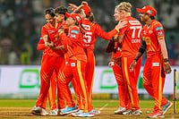 | Photo: PTI/Kunal Patil : Gujarat Giants' players celebrate after winning the Women's Premier League (WPL) T20 cricket match between Gujarat Giants and Delhi Capitals, at the DY Patil Stadium, in Navi Mumbai.