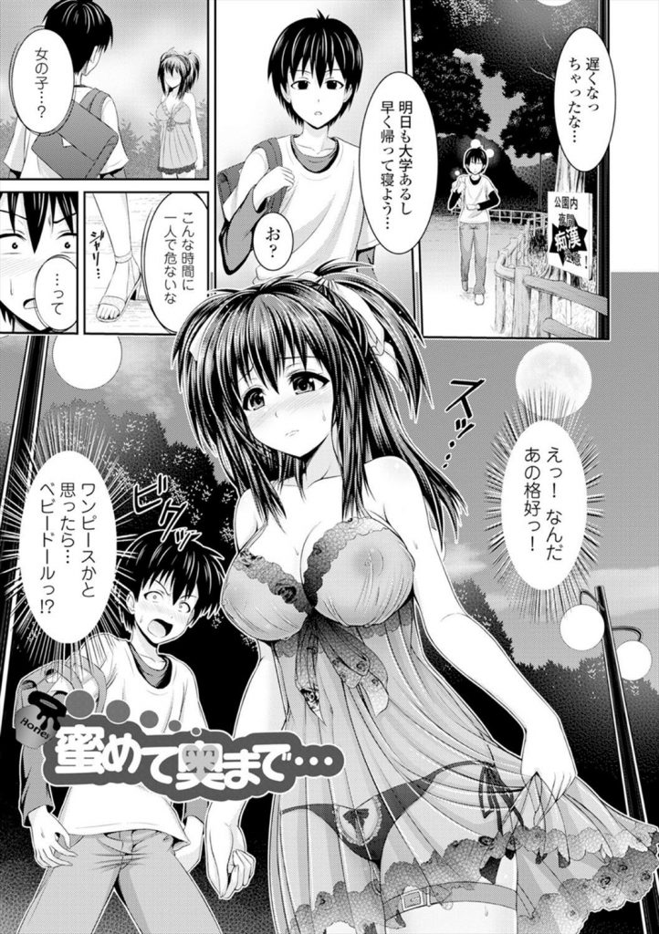 【エロ漫画】夜の公園で乳首が透けたベビードール姿の露出狂痴女を見つけた男が青姦羞恥SEXで牝犬ゲット！