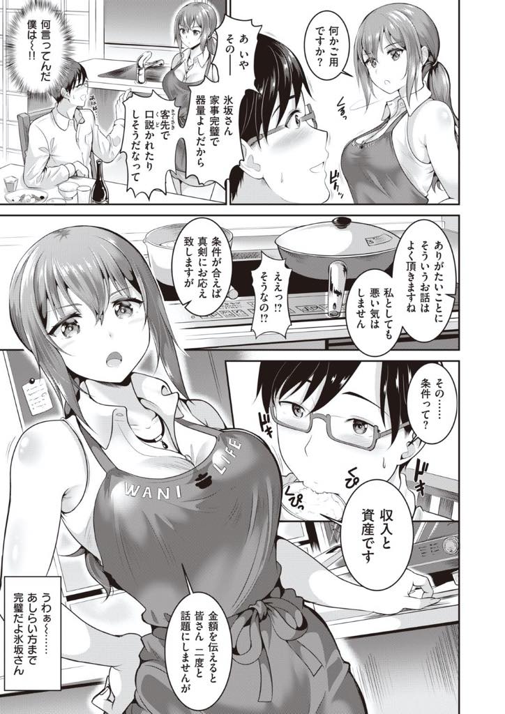 【エロ漫画】素っ気ないけどスキルは一流の巨乳家政婦さんは雇い主の独身サラリーマンに高額な性処理オプションを勧めてバキュームフェラをお見舞いし避妊具なしで危険日マンコに生ハメさせて激エロ騎乗位セックス