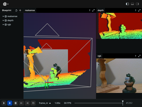 Screenshot of the Rerun viewer demoing the $Live depth sensor example