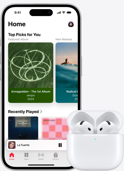 iPhone 16 playing music next to AirPods