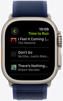 Apple Watch screen featuring an Apple Music playlist from a Fitness+ Time to Run workout