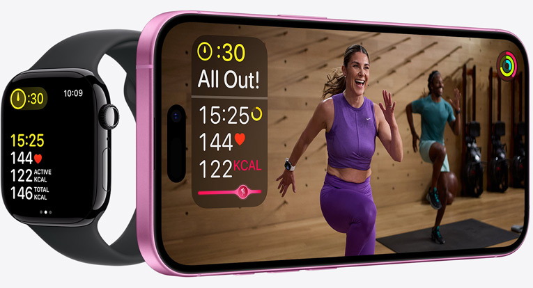 Fitness+ workout with synced metrics on iPhone and Apple Watch