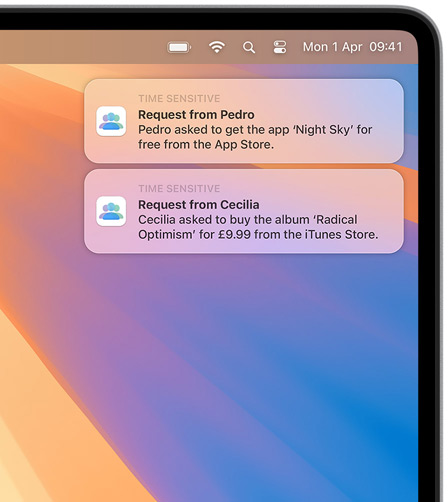 Two macOS notifications in the top-right corner of a Mac screen, each showing purchase requests, the first for Night Sky from the App Store, the second for the album MUNA from the iTunes Store