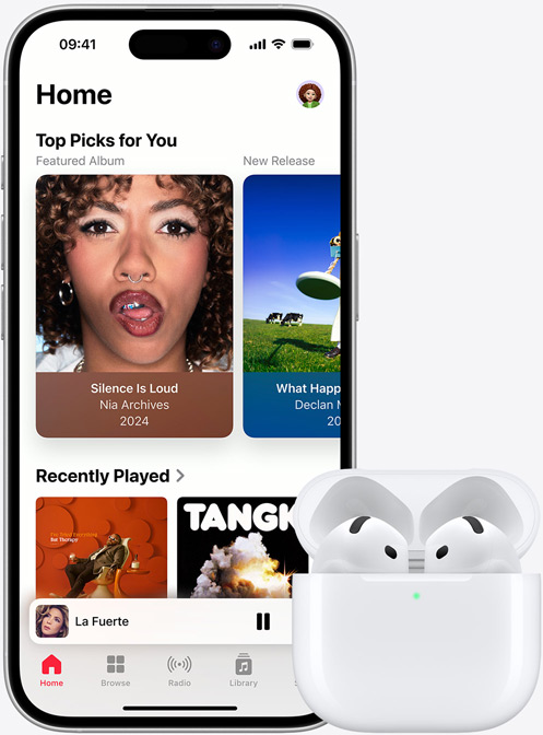 iPhone 16 playing music next to AirPods