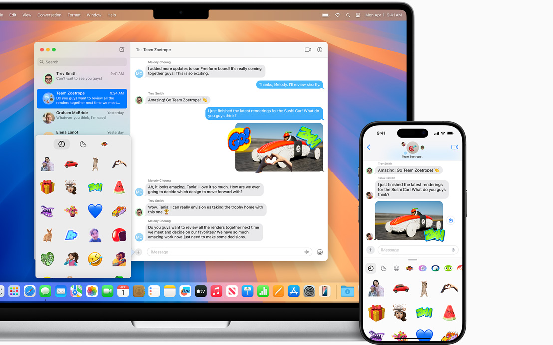 The same messages open on both the 14-inch MacBook Pro and iPhone 15.