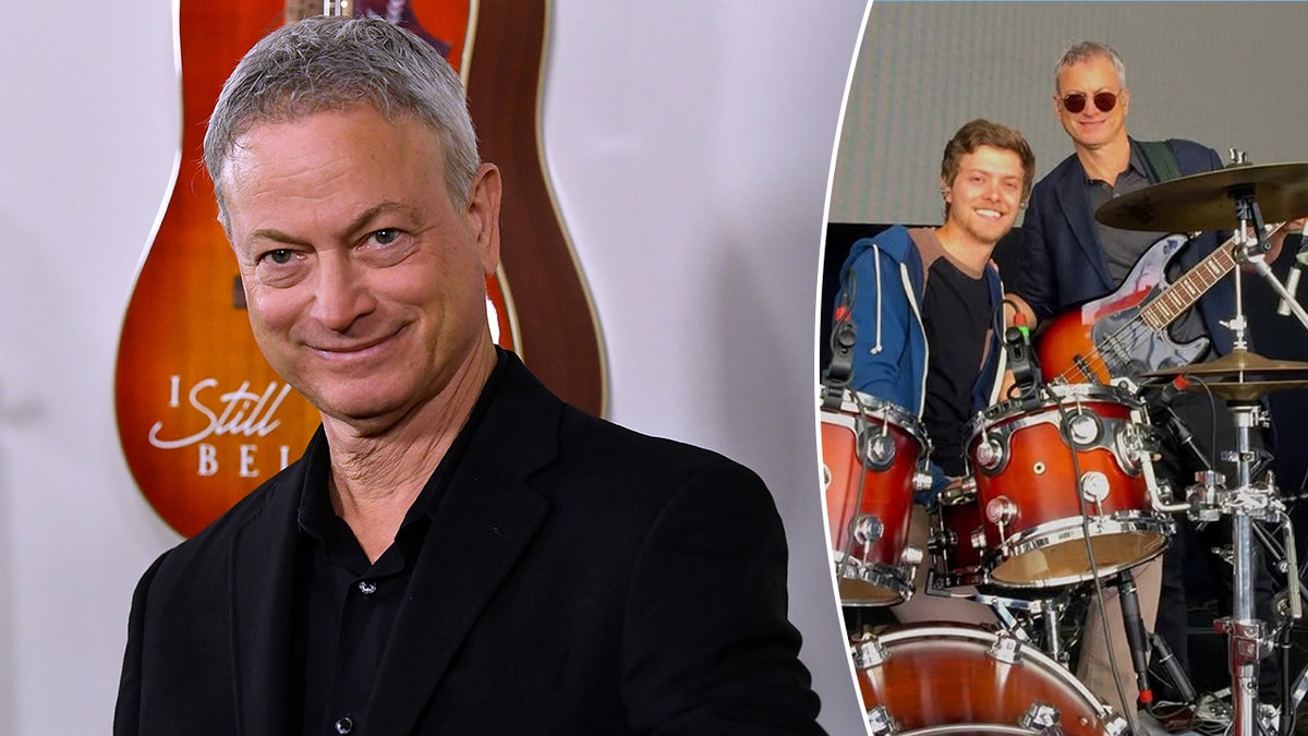Gary Sinise at an event split with a photo of Gary and his son Mac