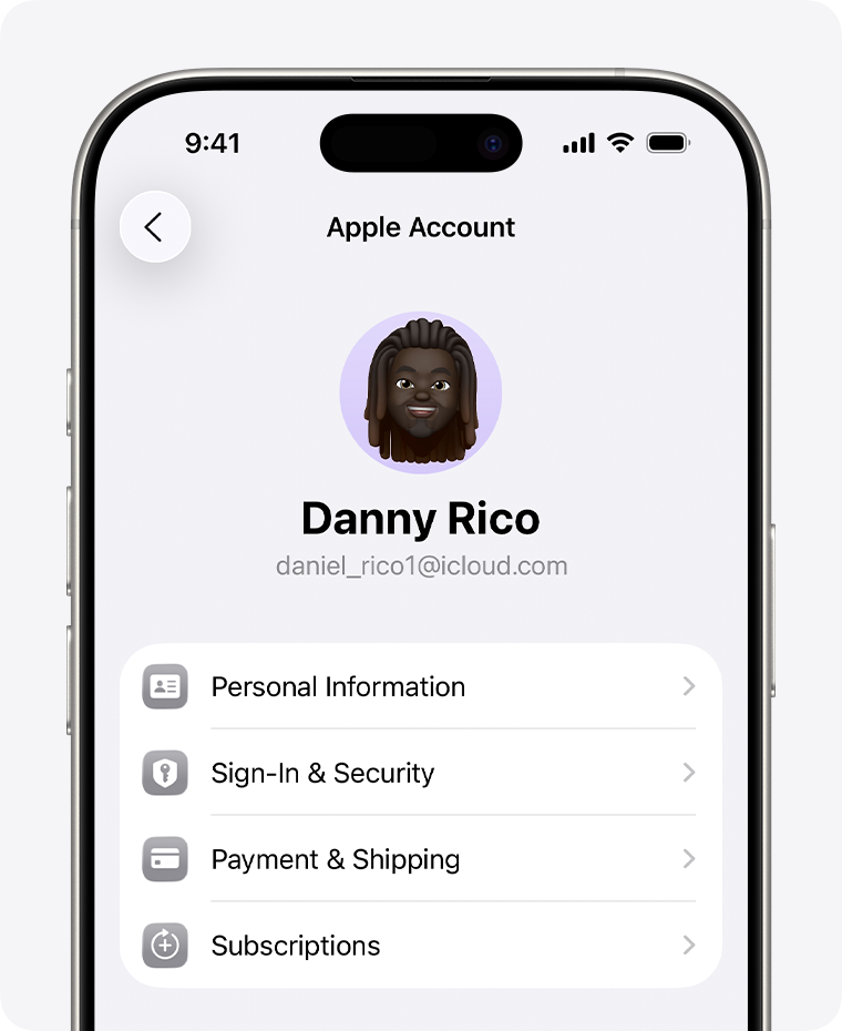 Apple Account settings in the Settings app on iPhone.