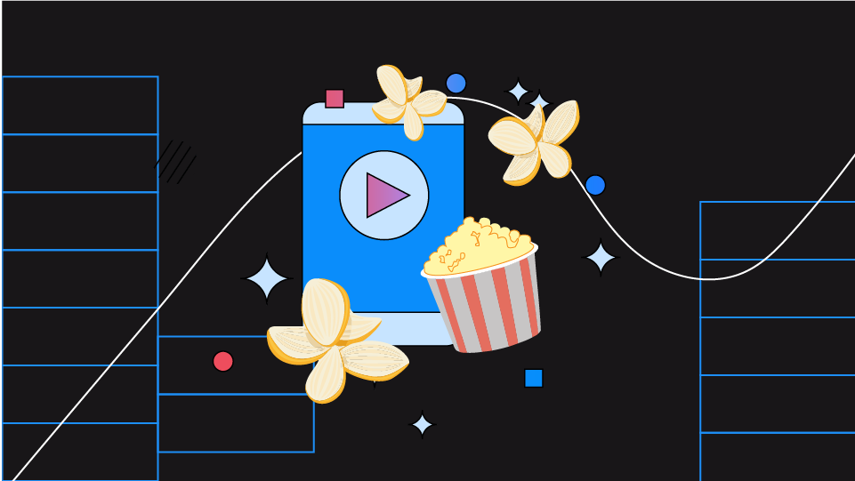 گوشی هوشمندی که دکمه پخش را نشان میدهد، احاطه شده توسط یک کارتن پاپ کورن و گلبرگهای گل تزیین شده