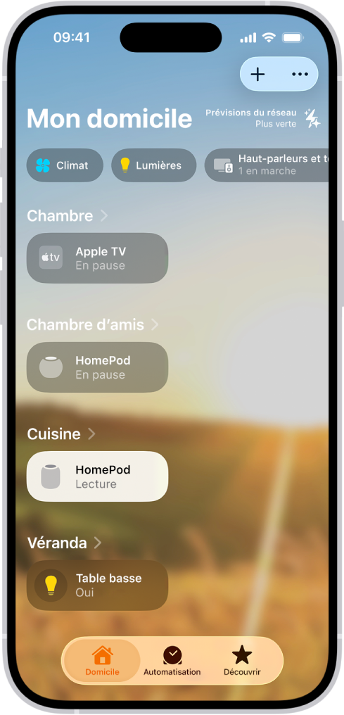L’écran « Mon domicile » de l’app Maison.
