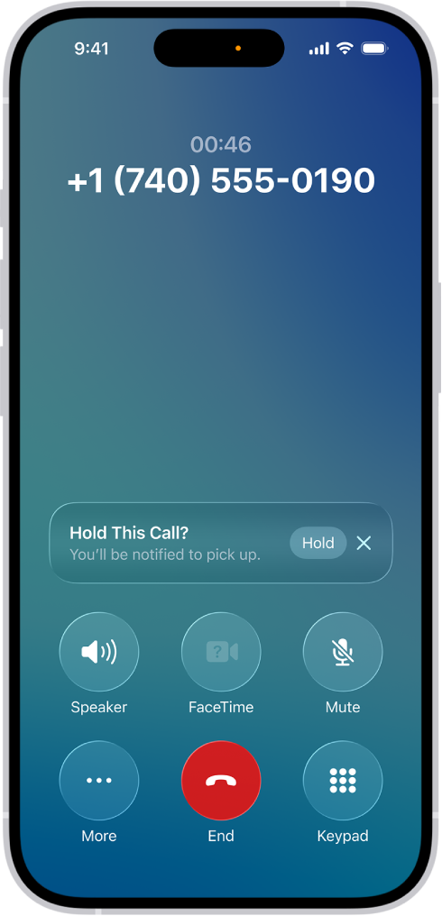 The Phone app shows a call in progress on the iPhone screen. In the middle of the screen is a notification asking whether to hold the call and be notified when to pick up. Within the notification is a Hold button and a Close button.