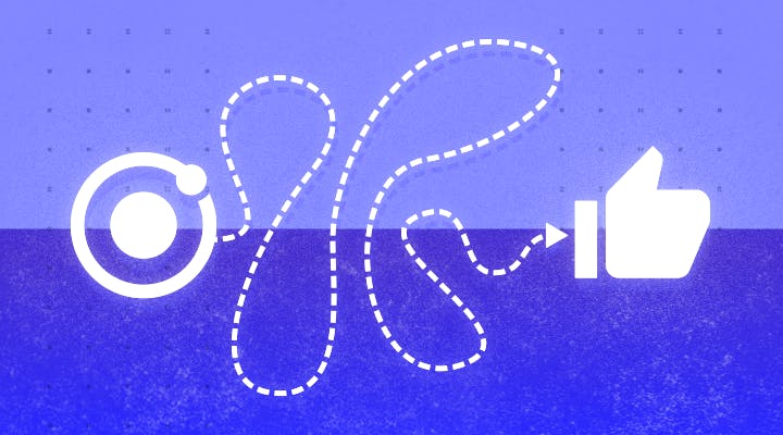 Purple background, white Ionic logo with squiggle dotted line ending with a white thumbs up