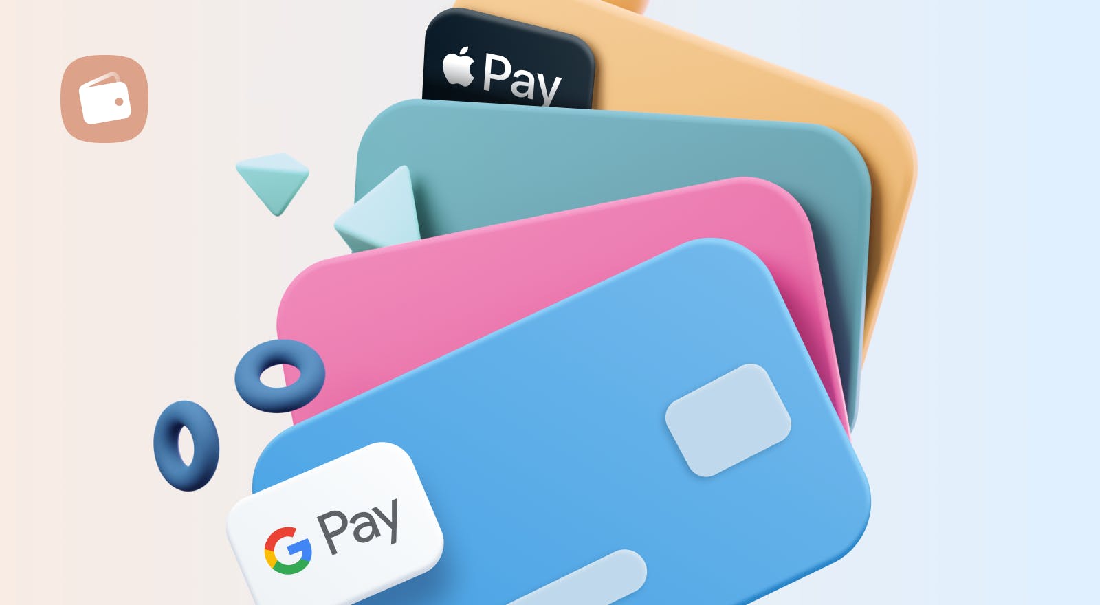 Ionic Payments online and mobile payment solution. Colorful credit cards with Apple Pay and Google Pay logos.
