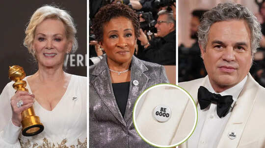 Celebrities Protest Against ICE at the Golden Globes 2026 with Be Good Pins Celebrities Protest Against ICE at the Golden Globes 2026 with Be Good Pins