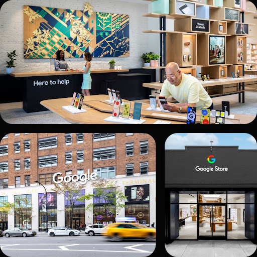 The new storefronts of the Google Store in Chelsea and Williamsburg. In one of the stores, Google products are neatly arrrayed on tables and shelves. One storefront boasts white columns in a bustling neighborhood, while the other storefront is a brilliant black.