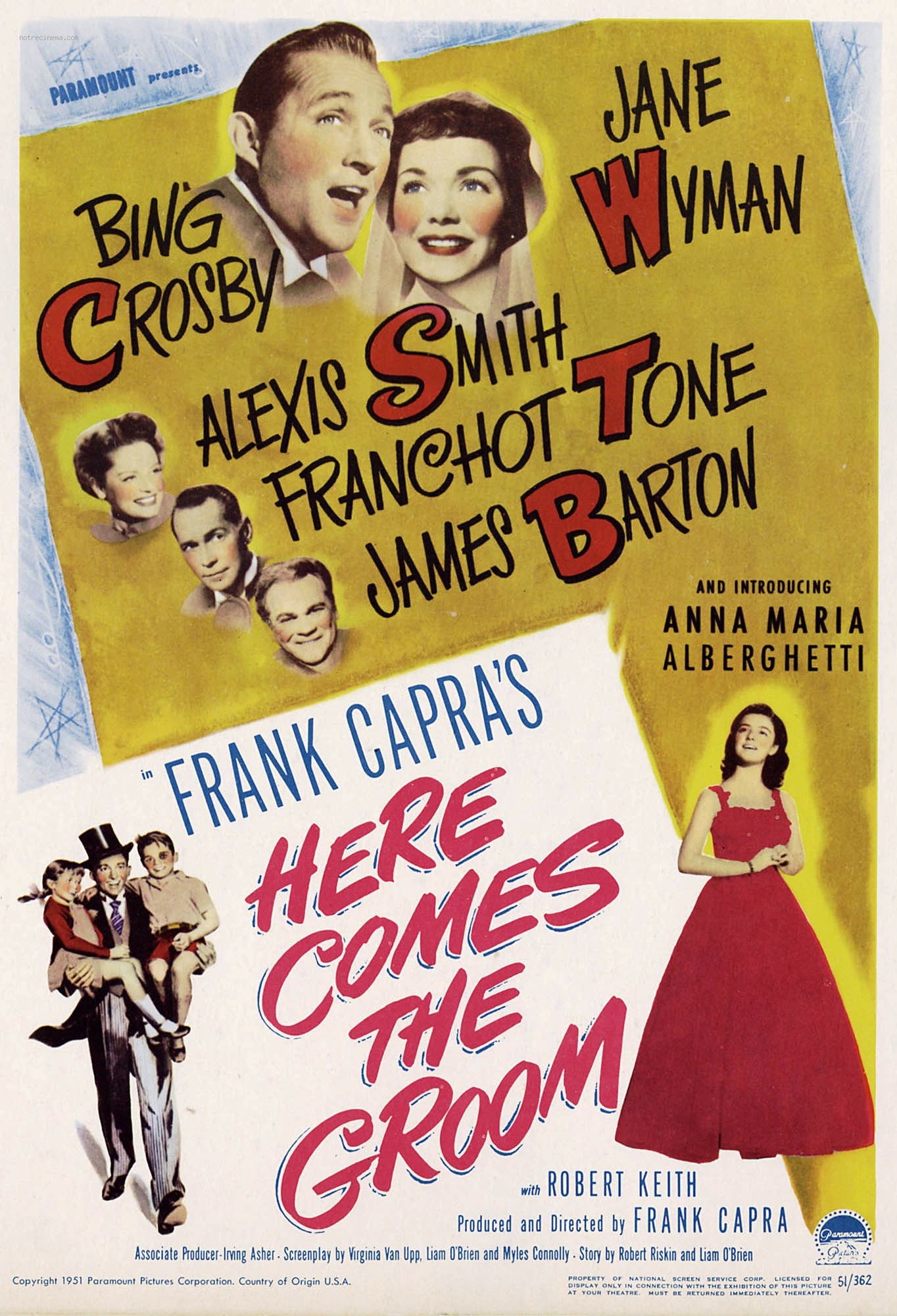 Bing Crosby, Anna Maria Alberghetti, James Barton, Jacques Gencel, Alexis Smith, Franchot Tone, Beverly Washburn, and Jane Wyman in Here Comes the Groom (1951)