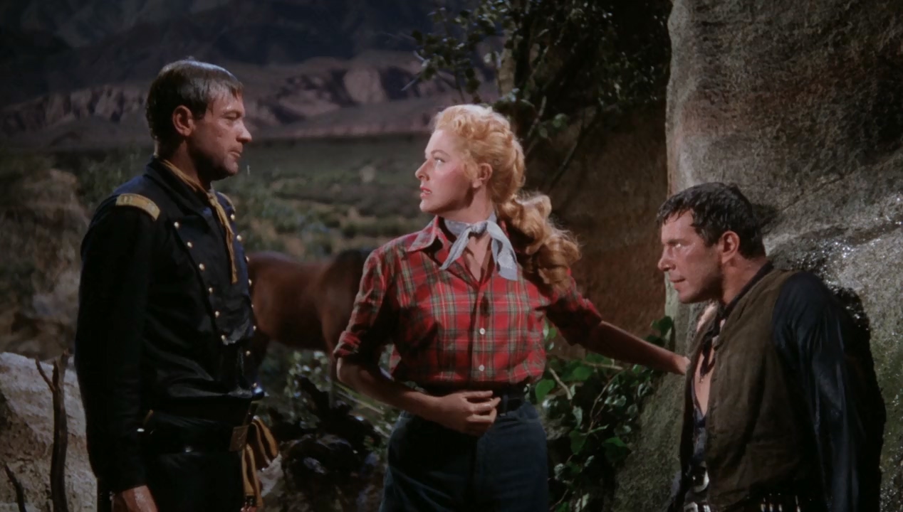 William Holden, John Forsythe, and Eleanor Parker in Escape from Fort Bravo (1953)