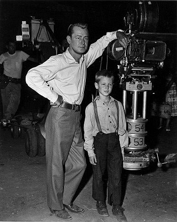 Alan Ladd with son David on the set of "The Big Land"