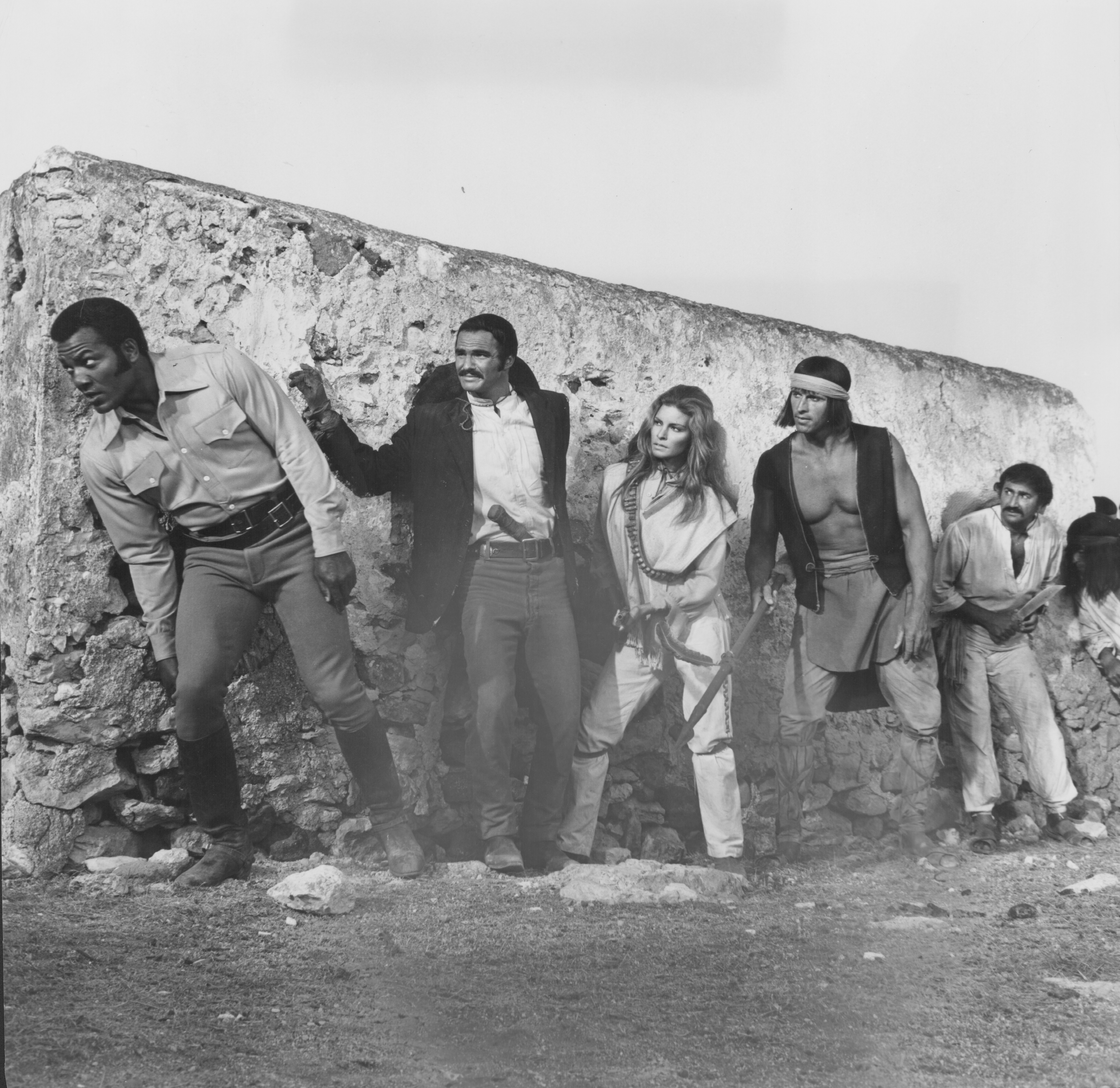 Raquel Welch, Burt Reynolds, Jim Brown, and Michael Forest in 100 Rifles (1969)