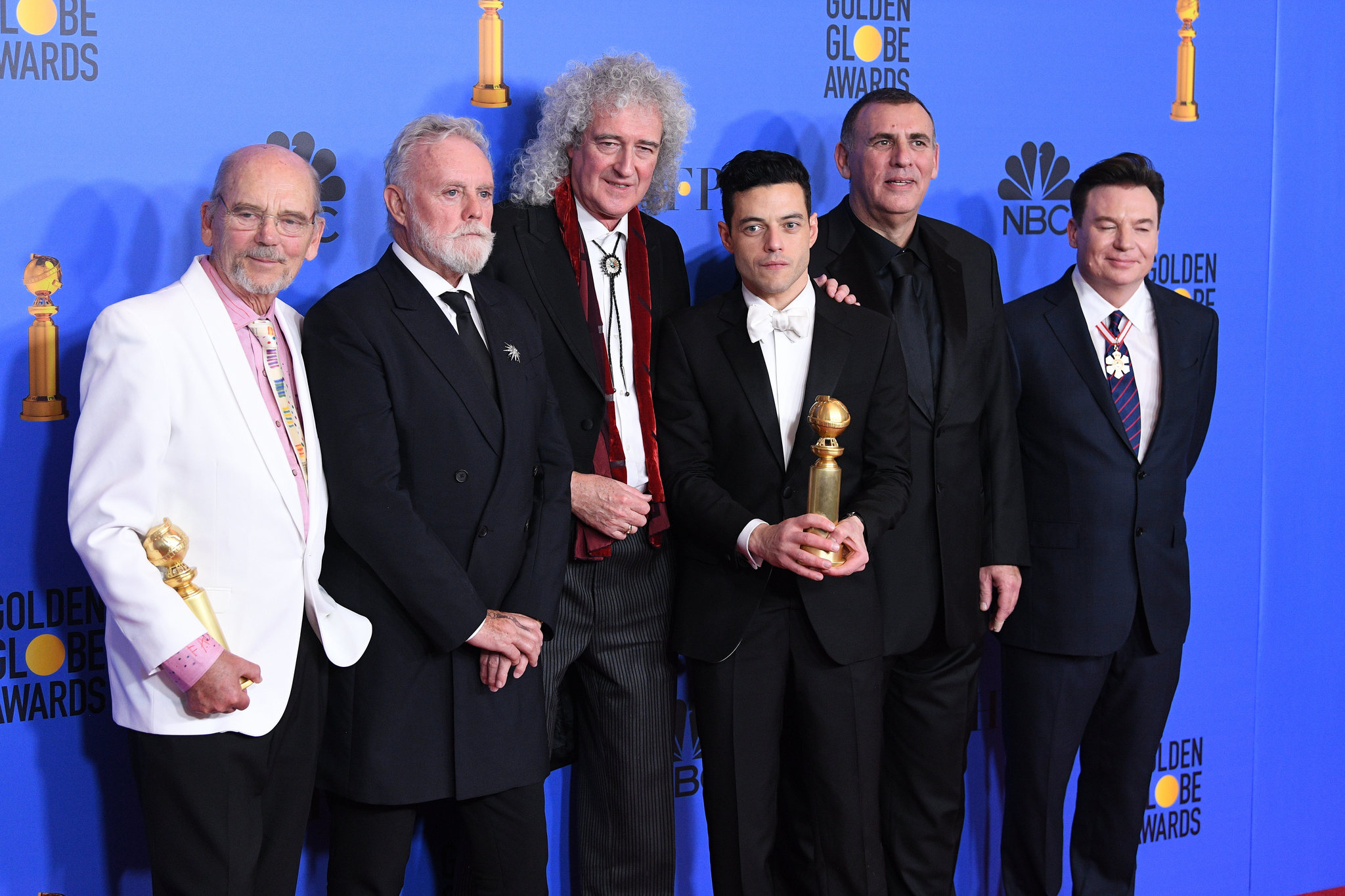 Mike Myers, Roger Taylor, Brian May, Jim Beach, Graham King, Queen, and Rami Malek at an event for Bohemian Rhapsody (2018)