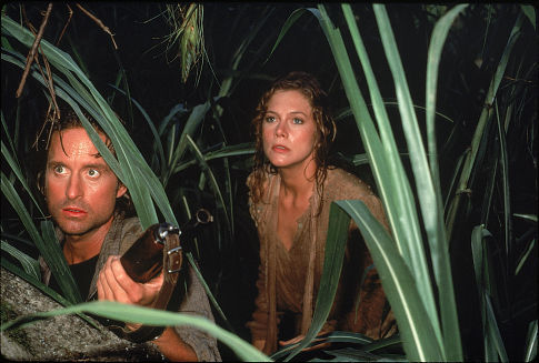 Michael Douglas and Kathleen Turner in Romancing the Stone (1984)