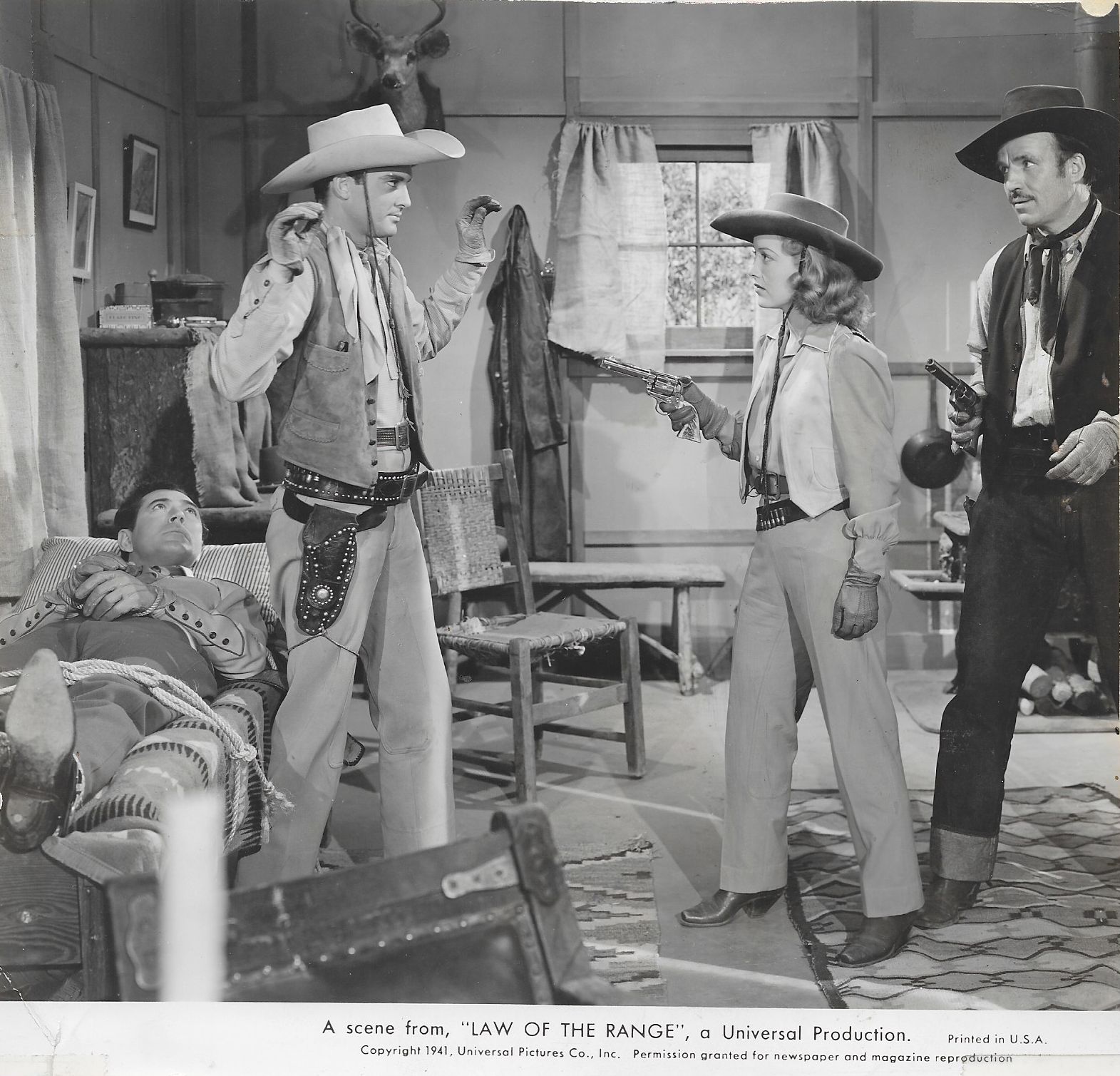 Johnny Mack Brown, Riley Hill, Ethan Laidlaw, and Nell O'Day in Law of the Range (1941)