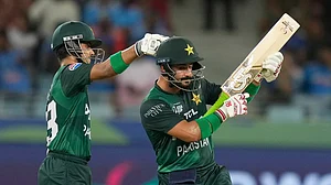 AP/Altaf Qadri : Sahibzada Farhan celebrating his half-century with a 'gunshot' celebration in India vs Pakistan Asia cup 2025 Super 4 match