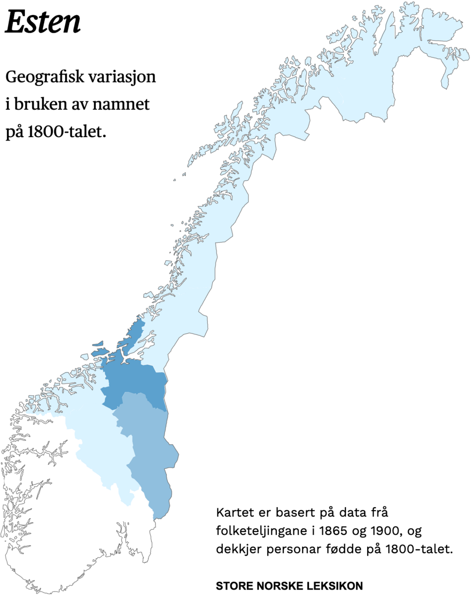 Geografisk variasjon i bruk av namnet Esten på 1800-talet.