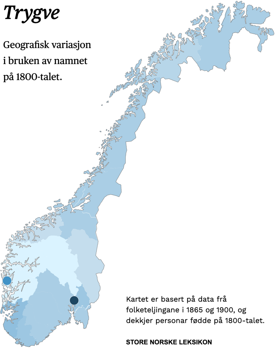 Geografisk variasjon i bruk av namnet Trygve på 1800-talet.