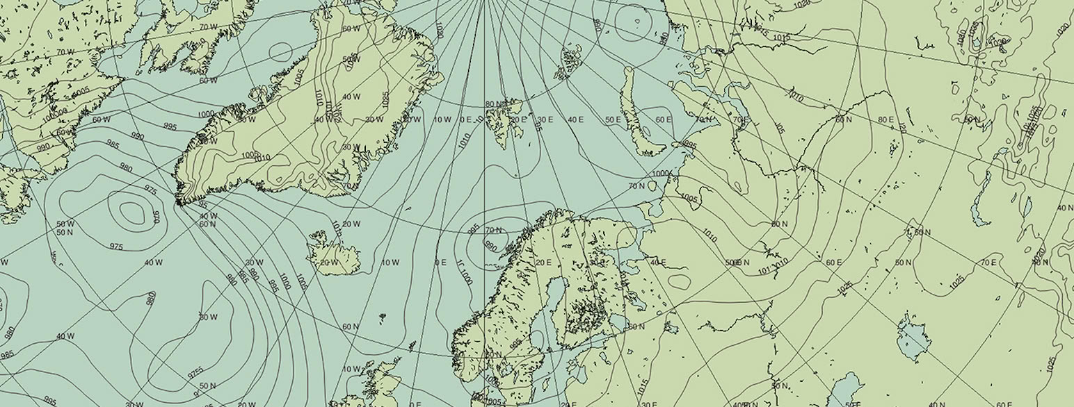 Prognosekart med isobarer som viser lufttrykk