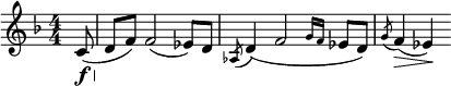  \relative c' { \clef treble \key f \major \numericTimeSignature \time 4/4 \partial 8*1 c8\f(\< | d\! f) f2( ees8) d | \slashedGrace { aes8( } d4)( f2 \grace {g16[ f] } ees8 d) | \slashedGrace { g8( } f4)\>( ees)\! } 