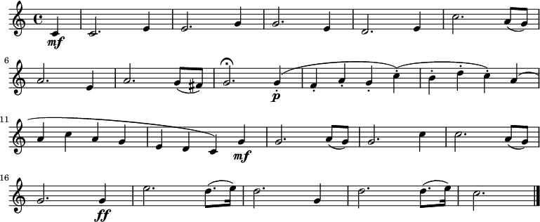 
  \relative c' {
    \key c \major \time 4/4 
    \partial 4 c\mf
     c2. e4 e2. g4 g2. e4 d2. e4 c'2. a8( g) \bar "|" \break
     a2. e4  a2. g8( fis) g2.\fermata g4-.\p( f-. a-. g-. c-.)( b-. d-. c-.) a( \bar "|" \break 
     a c a g e d c) g'\mf g2. a8( g) g2. c4 c2. a8( g) \bar "|" \break
     g2. g4\ff e'2. d8.( e16) d2. g,4 d'2. d8.( e16) c2. \bar "|."}
