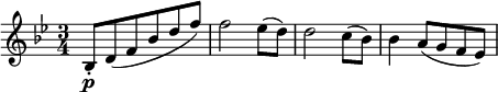  \relative bes {
\key bes \major \time 3/4
bes8-. \p d( f bes d f) | f2 es8( d) | d2 c8( bes) | bes4 a8( g f es)
} 