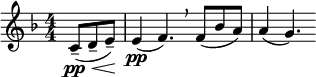  \relative c' { \clef treble \key f \major \numericTimeSignature \time 4/4 \partial 8*3 c8(\pp\<-- d-- e--)\! | e4\pp( f4.)\breathe f8( bes a) | a4( g4.) } 