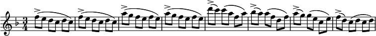 
\relative c'' {
\key f \major
\time 3/4
\set Timing.beamExceptions = #'()
\set Score.tempoHideNote = ##t
\tempo 4 = 240
f8->( e d c d c)
f->( e d c d c)
a'->( g f e f e)
a->( g f e f e)
d'->( c) c( a f a)
bes->( a) a( f d f)
a->( g) g( e c e)
f->( d) c( d c d)
}
