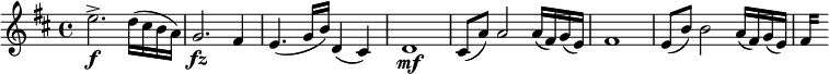  { \relative e'' { \key d \major \time 4/4
e2.-> \f d16( cis b a) | g2. \fz fis4 | e4.( g16 b) d,4( cis) | d1 \mf |
cis8( a') a2 a16( fis) g( e) | fis1| e8( b') b2 a16( fis) g( e) | \set stemLeftBeamCount = #0 fis16[] s
}} \layout { \context {\Score \override SpacingSpanner.common-shortest-duration = #(ly:make-moment 1/8) }}