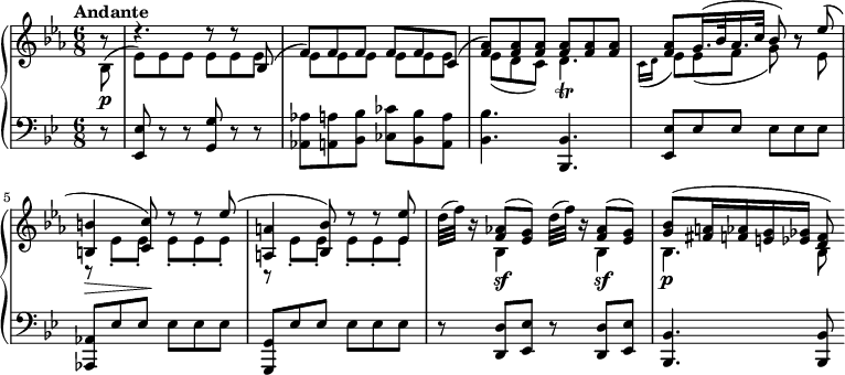 
    { \new PianoStaff <<
        \new Staff <<
            \set Staff.midiInstrument = "string ensemble 1"
            \clef treble
            \key es \major 
            \time 6/8 
            \tempo "Andante" \tempo 8 = 100
            \new Voice \relative c' {
                \stemUp \partial 8 r8
                r4. r8 r bes^(
                f')] f f] f[ f c^(]
                <f aes>)[ <f aes> <f aes>] <f aes>[ <f aes> <f aes>]
                <f aes>[  g16.^( bes32 aes16. c32] bes8) r es^( \break

                <b, b'>4_\> <c c'>8)\! r8 r es'^(
                <a,, a'>4 <bes bes'>8) r r <es es'>
                s <f aes!>^([ <es g>)] s <f aes>^([ <es g>)]
                <g bes>8^([ <fis a>16 <f aes> <e g> <es ges>] <d f>8)
            }
            \new voice \relative c' {
                \stemDown \partial 8 bes8(_\p
                es)[ es es] es[ es es]
                es[ es es] es[ es es]
                es_([ d c)] d4._\trill 
                \grace { \stemDown c16_( d } es8)[ es_( f] g) r es \break

                r es[_. es]_. es[_. es_. es]_.
                r es_.[ es_.] es_.[ es_. es_.]
                d'32^( f) r16 bes,,4_\sf d'32^( f) r16 bes,,4_\sf
                bes4._\p bes8
            }
        >>
        \new voice \new Staff <<
            \set Staff.midiInstrument = "string ensemble 1"
            \clef bass
            \key g \minor 
            \relative c, {
                \time 6/8
                \partial 8 r8
                <es es'> r r <g g'> r r
                <aes aes'>[ <a a'> <bes bes'>] <ces ces'>[ <bes bes'> <a a'>]
                <bes bes'>4. <bes, bes'>
                <es es'>8[ es' es] es[ es es] \break

                <aes,, aes'>[ es'' es] es[ es es]
                <g,, g'>[ es'' es] es[ es es]
                r <d, d'> <es es'> r <d d'> <es es'>
                <bes bes'>4. <bes bes'>8
            }
        >>
    >> }
