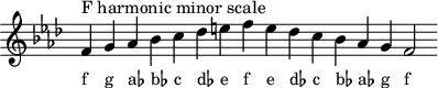 
\header { tagline = ##f }
scale = \relative c' { \key f \minor \omit Score.TimeSignature
  f^"F harmonic minor scale" g aes bes c des e f e des c bes aes g f2 }
\score { { << \cadenzaOn \scale \context NoteNames \scale >> } \layout { } \midi { } }
