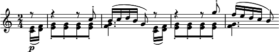 { { \key c \major \time 2/4
<< \new Voice \relative f''{
     \partial 8 \stemUp \slurUp f8\rest | f4\rest f8\rest c^.
     b16( c d b g8) f'8\rest | f4\rest f8\rest g^. | f16( e d c b8) }
   \new Voice \relative e' {
     \partial 8 \stemDown \slurDown <e c>16( \p <f d>)
     <g e>8_.[ <g e>_. <g e>_. <g e>_.] | <g f>4. <e c>16( <f d>)
     <g e>8_.[ <g e>_. <g e>_. <g e>_.] | <g f>4. } >> }}