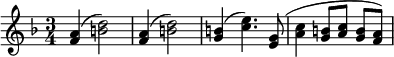 
\relative c' {
\key f \major
\time 3/4
\set Timing.beamExceptions = #'()
\set Score.tempoHideNote = ##t
\tempo 4 = 160
<f a>4( <b d>2)
<f a>4( <b d>2)
<g b>4( <c e>4.) <e, g>8(
<a c>4 <g b>8 <a c> <g b> <f a>)
}
