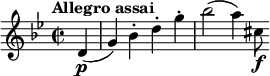 
\relative c' {
 \time 2/2
 \tempo "Allegro assai"
 \key g \minor
 \set Staff.midiInstrument = #"violin"
 \set Score.tempoHideNote = ##t \tempo 2 = 120
 \partial 4 d\p ( g ) bes-. d-. g-. bes2 ( a4 ) cis,8\f
}
